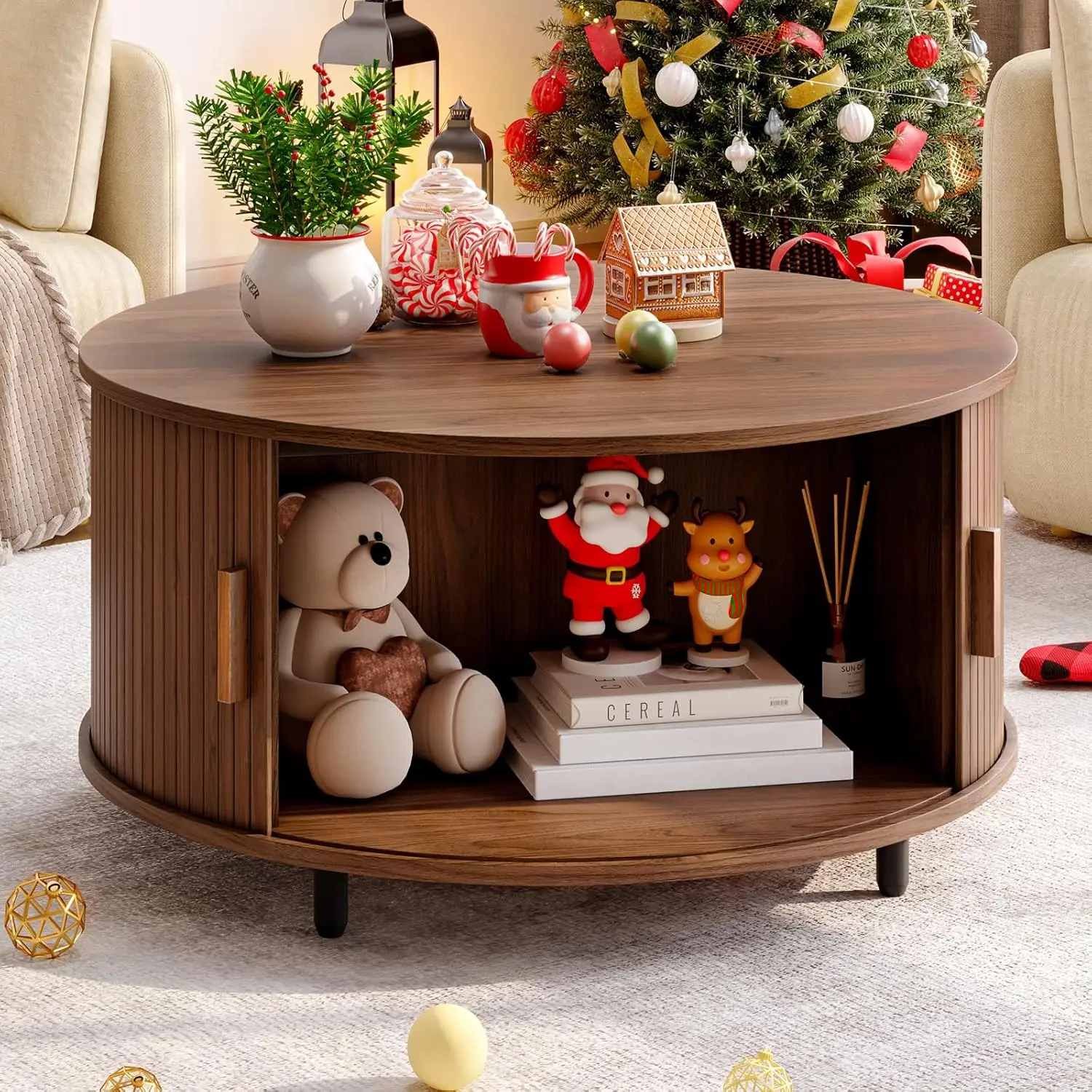 

Round Coffee Table with Storage, 31.5" Modern Coffee Table with 360° Curved Sliding Door, Fluted Wood Accent Coffee Table with A