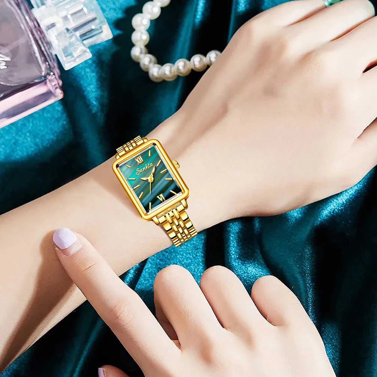 SUNKTA Luxury Ladies Fashion Quartz Watch Simple Scale Square Quality Gold Plated Women Watches Business Stainless Steel Folding