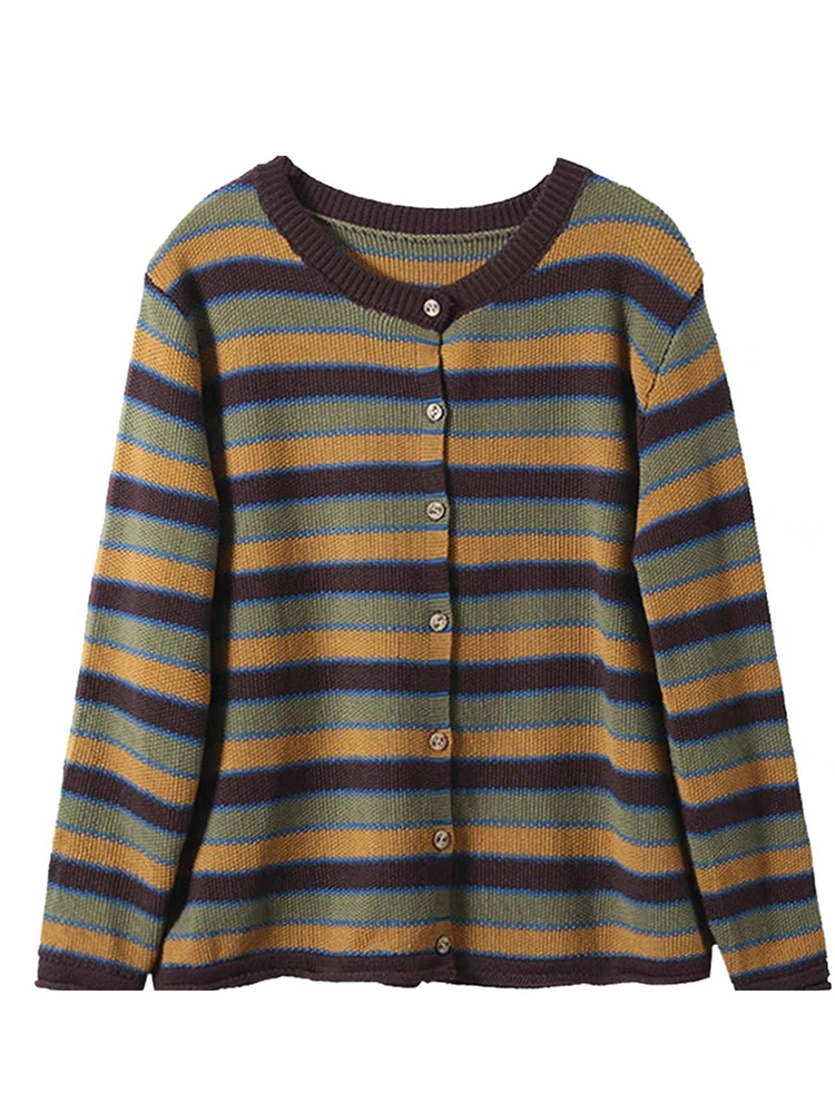 Cardigan aberto de malha de algodão artístico retrô plus size feminino listrado cor blo ort suéter jaet top para outono inverno