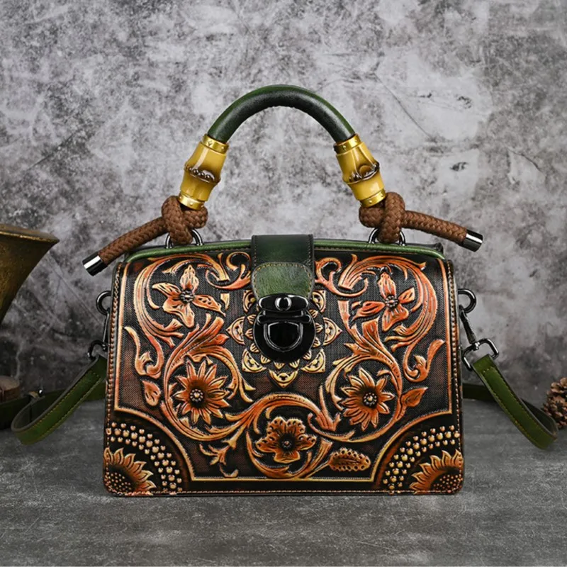 Johnature Vintage Handbag 2024 New Handmade Leather Carved Women Bag Versatile Female Shoulder & Crossbody Bags