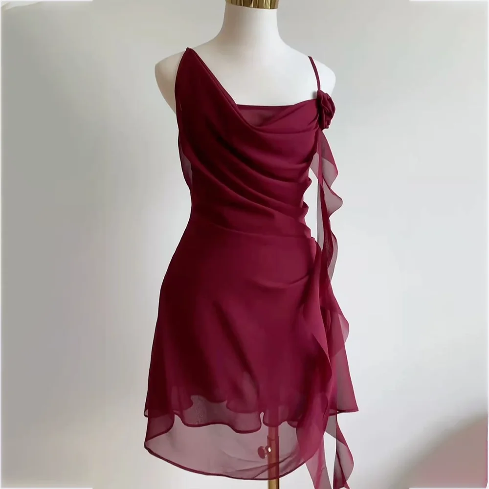 

Burgundy Evening Dresses Spaghetti Straps Pleats Curling Classic Fit Mermaid Mini Prom Dress Red Carpet Event Party Gown Simple
