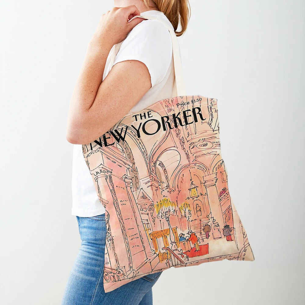 Double Print New Yorker Women Shopper Bags Supermarket Tote Lady Handbag Both Sides Reusable Foldable Casual Canvas Shopping Bag