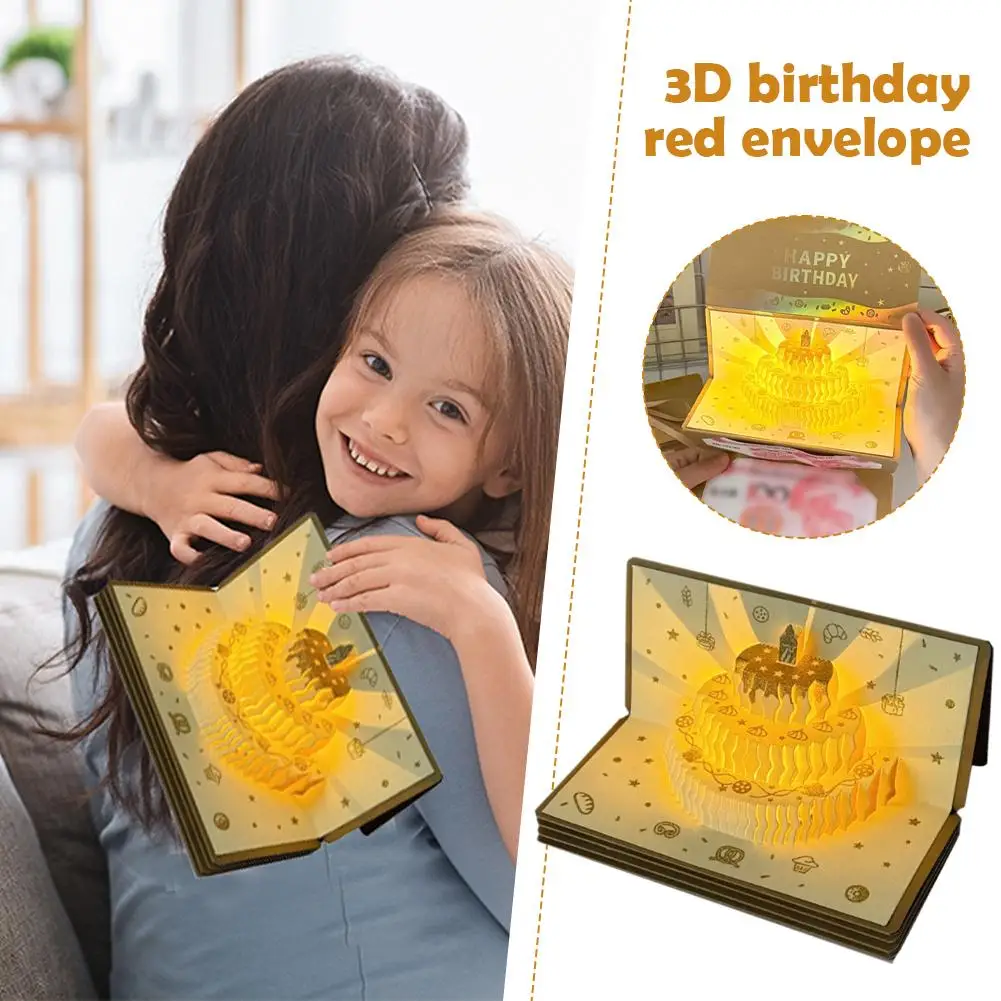 بطاقة عيد ميلاد خفيفة للموسيقى ثلاثية الأبعاد، بطاقة تهنئة كعكة منبثقة إبداعية، بطاقة رسالة هدية لحفلات أعياد الميلاد مع مغلف