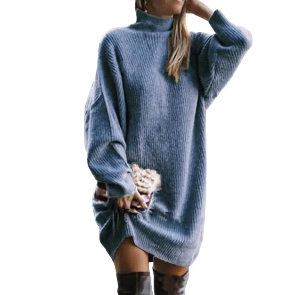 

Turtleneck Batwing Long Sleeves Ribbed Warm Sweater Dress Women Autumn Winter Knitted Casual Midi Dress