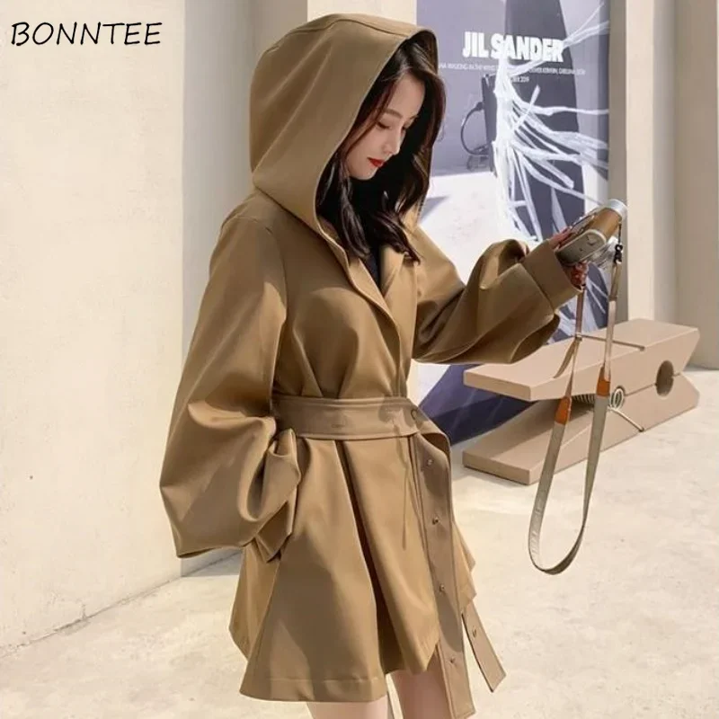 

Trench Women Hooded Fashion Korean Style Spring New Loose Outwear Simple Lace-up Leisure All-match Elegant Design Tender Daily