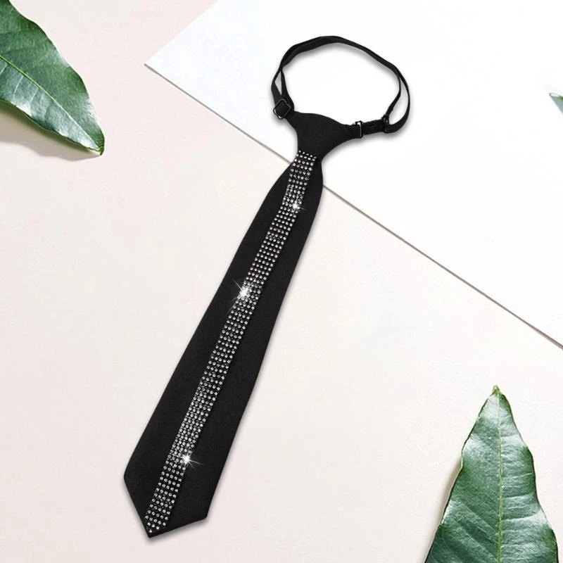 

652F Fashionable Women's Pre Tied Neck Tie with Crystal Rhinestones Embellishments Black Necktie for Weddings Party Neckwear