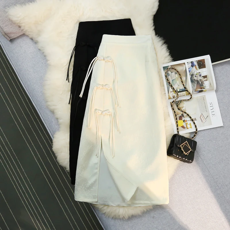 자카드 버클 중간 길이 분할 하이 웨이스트 A 라인 스커트 여성용, 중국 스타일, 2024 용수철 여름 신상