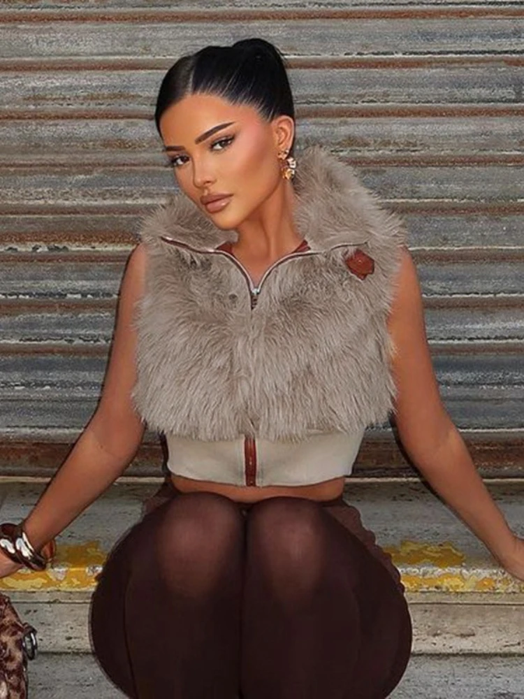 

FDYOUI модные водолазки на молнии, теплые жилеты для женщин, осень-зима 2022, короткая верхняя одежда без рукавов, укороченный топ из искусственного меха, жилет