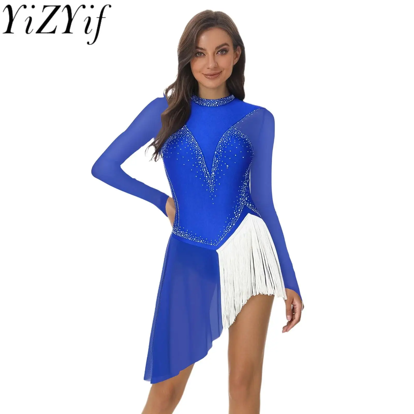 

Sheer Mesh Ballet Modern Latin Dance Dress Female Long Sleeve Backless Fringe Leotard Dress for Latin Rumba Samba Dance Wear