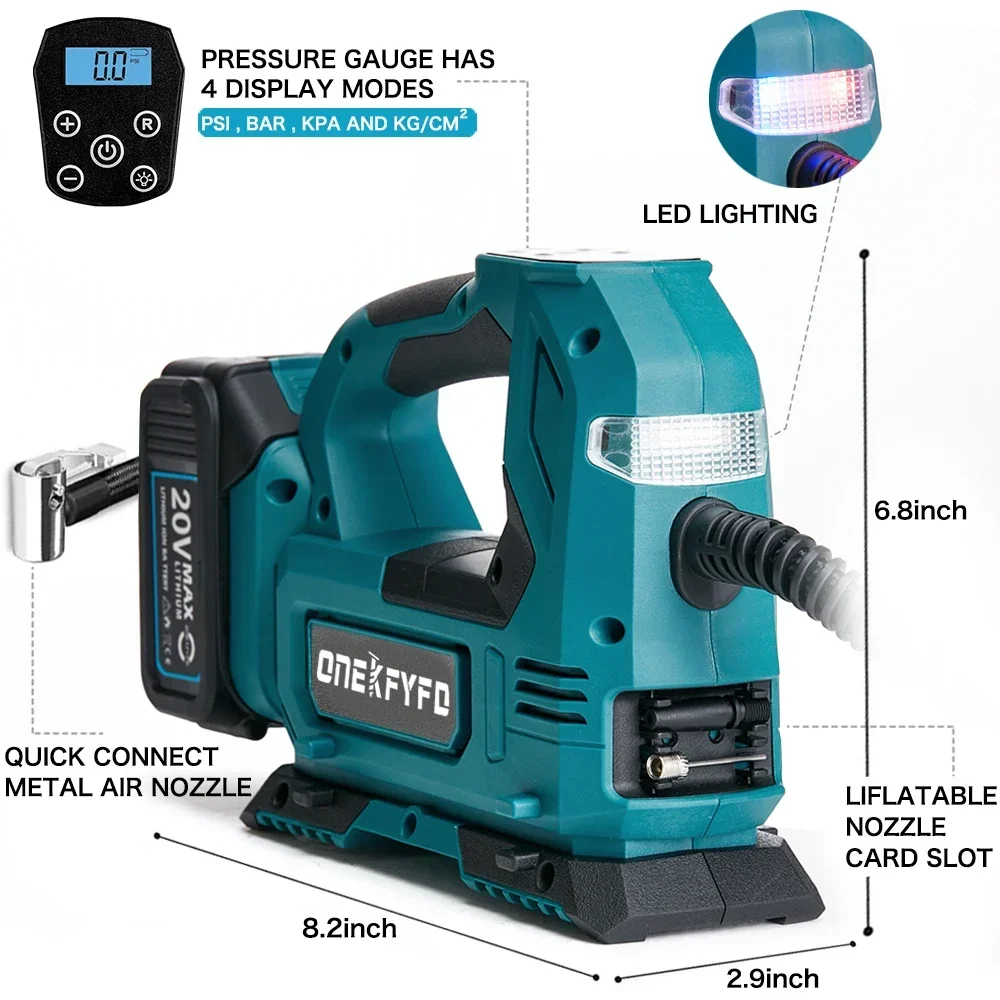 Bomba de ar portátil Inflator Pneu Compressor recarregável, Digital sem fio, Ferramentas Inflator Pneu de carro elétrico, Bateria Makita 18V