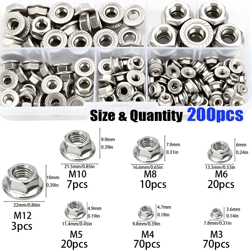 200-Piece Stainless Steel Hexagonal Flange Nut Set M3-M12, for Maintenance of Mechanical Parts and Home Outdoor Construction.