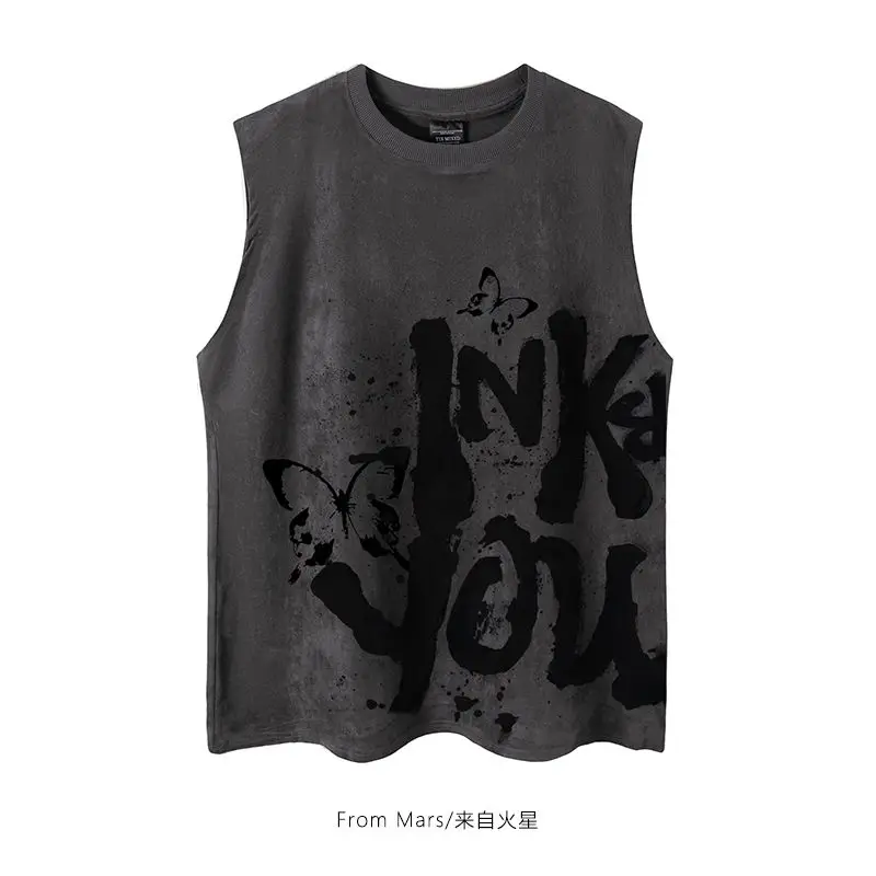 2024 New European and American Vintage Letter Printed Suede Vest Loose Casual Sleeveless T-shirt