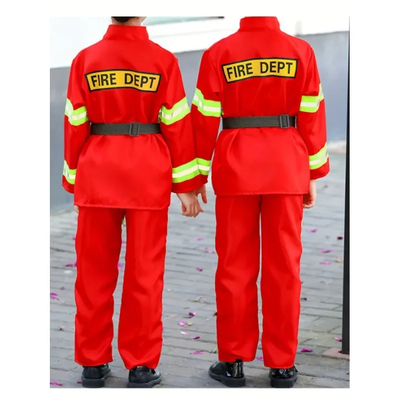 مجموعة كاملة من أزياء رجال الإطفاء الحمراء للأطفال من عمر 3-12 سنة مع صفارة لعبة واقعية موحدة لأداء الحفلات التظاهري #3