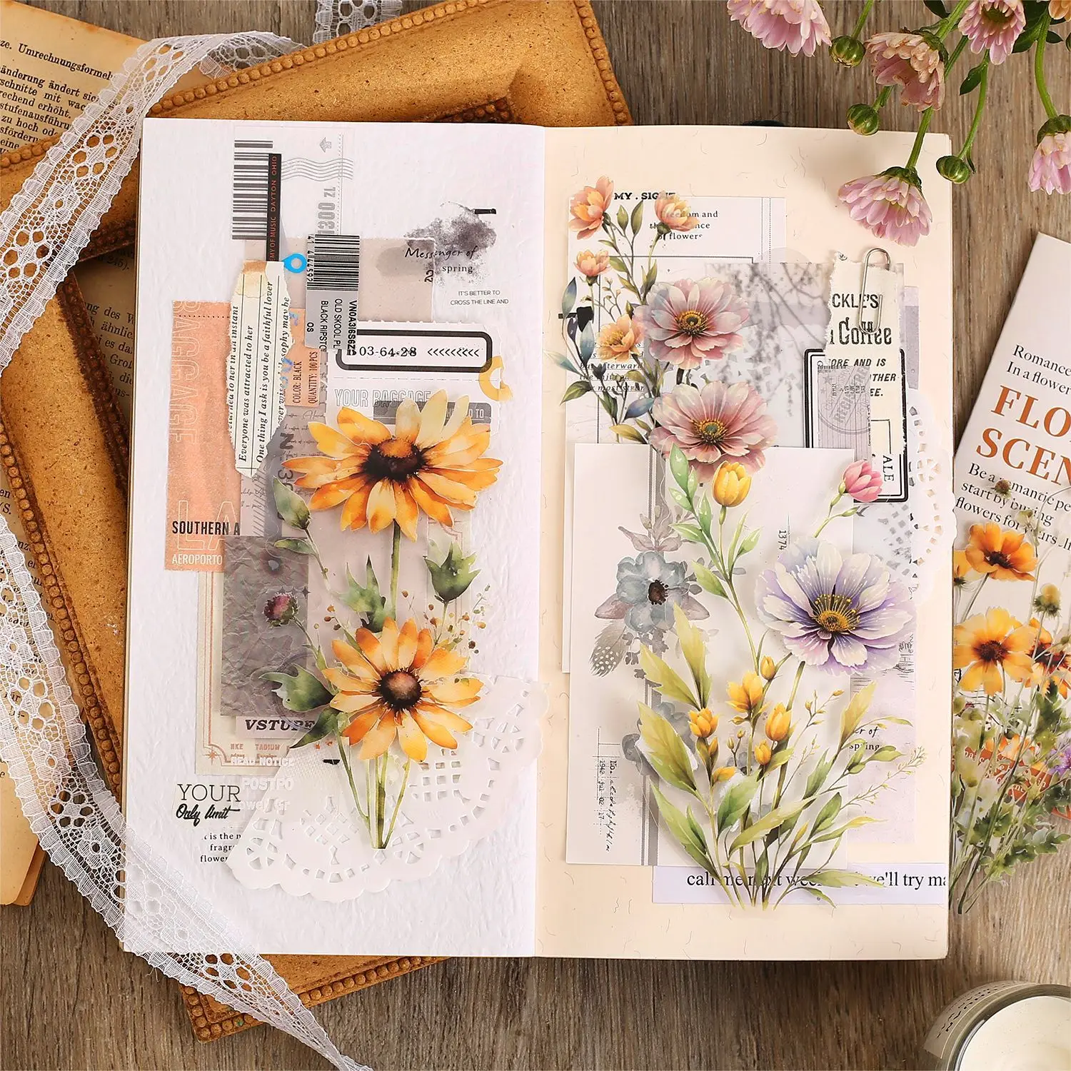 20 Stück schöne Blumen Aufkleber Kreativität dekorative Collage Scrapbooking Stick Etiketten Junk Journal Supplies