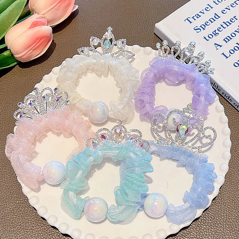 Summer Children\'s Crown Hair Ring Girl Ponytail Ball Scrunchies Rubber Band Girl Pearl Gauze Sweet Cute Headdress Wholesale