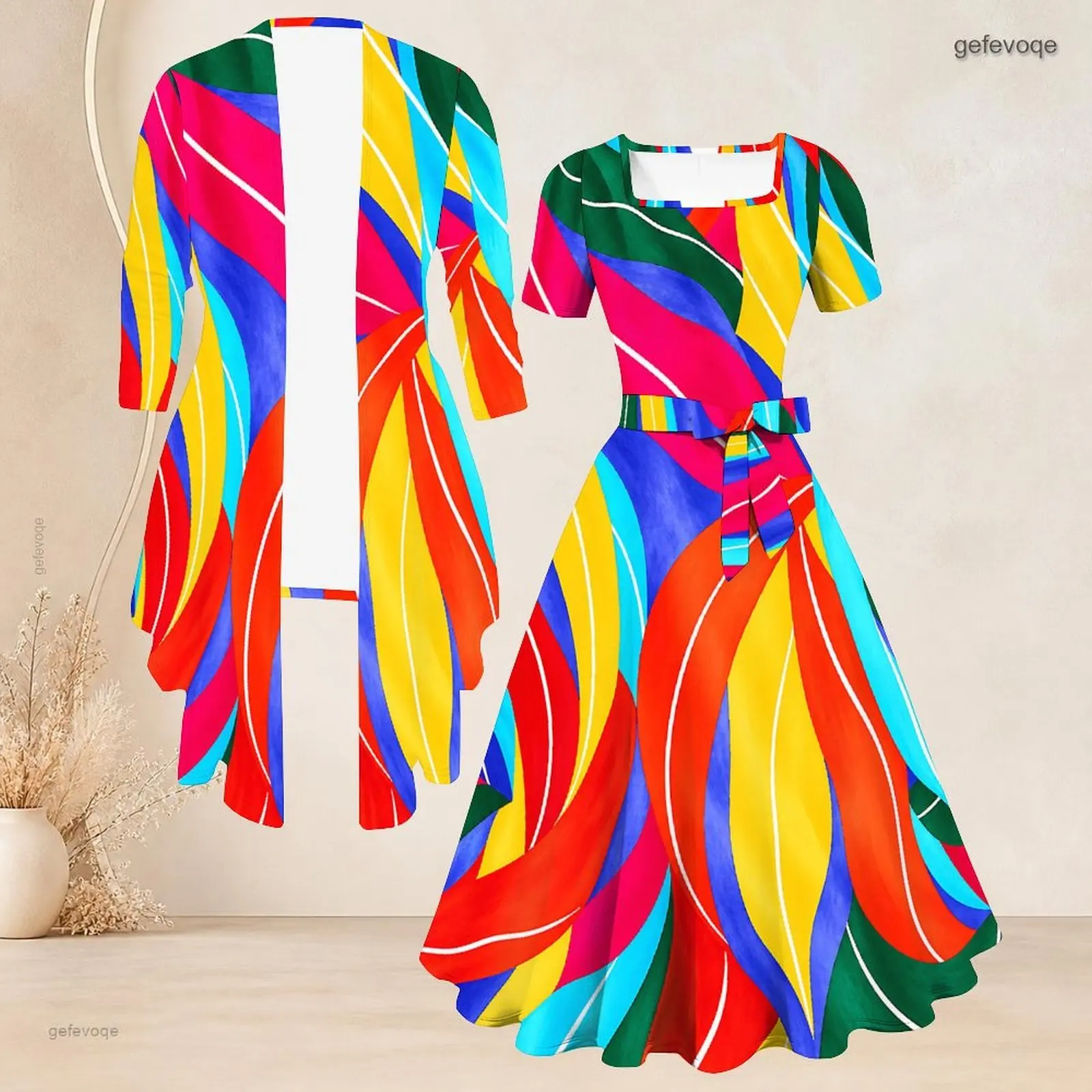 Women Long Sleeve Cardigan Short Sleeve Tie Waist Flared Dress Two Piece Printed Dress Set