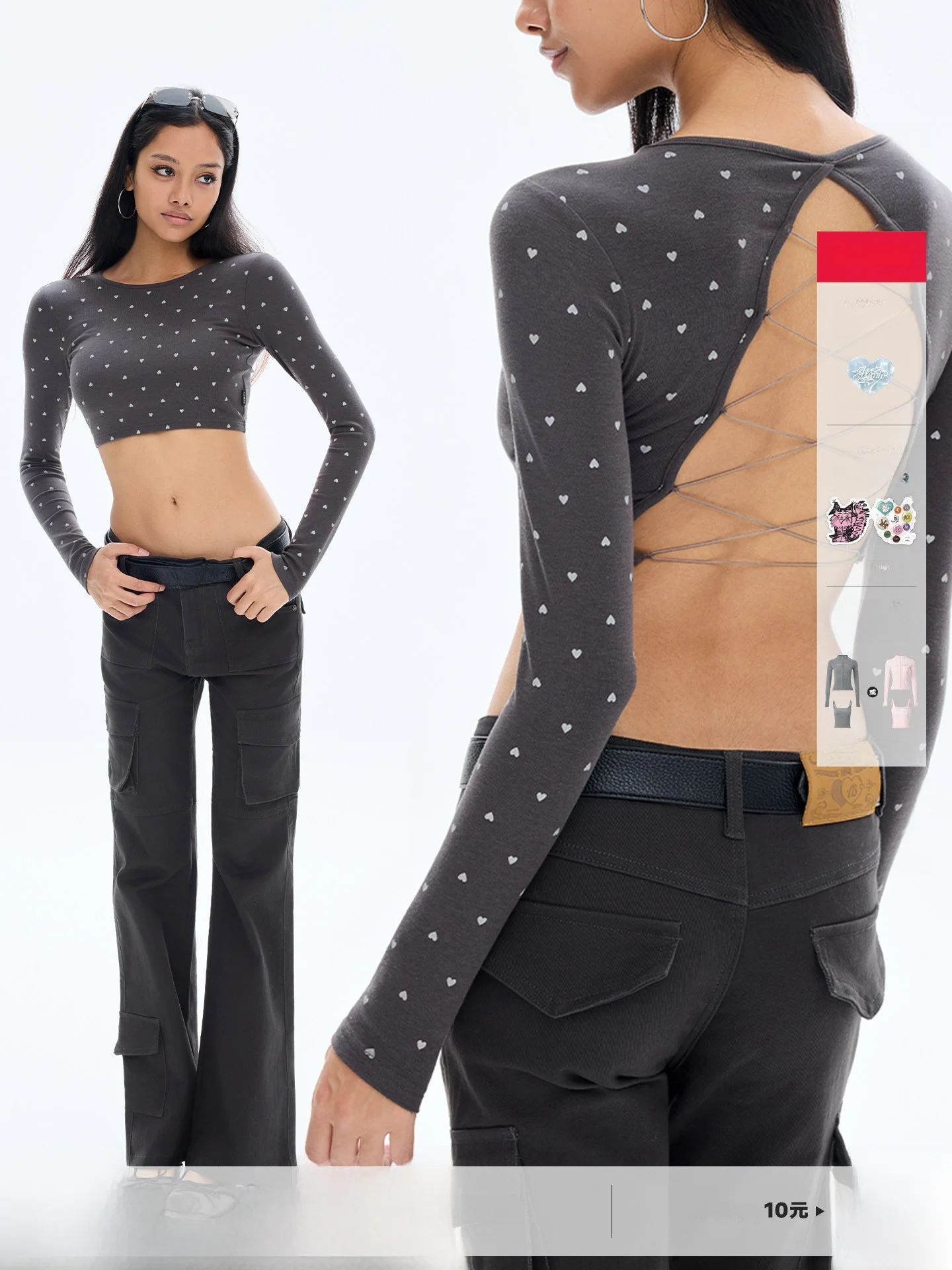 ABMY Spicy Girl Heart And Polka Dot Print Backless Long Sleeve T-Shirt Women's Slim Fit Short Base Shirt with Chest Pad