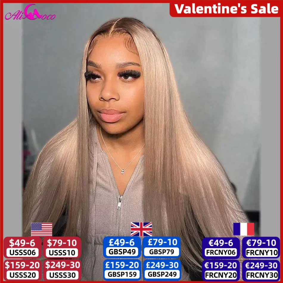 Perruque Lace Front Wig naturelle lisse ombré blond, 13x4, 13x4, racines brunes, pre-plucked, densité 200