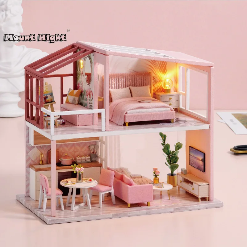 DIY Mini Dollhouse Kit with Dust Cover Wooden Miniatures Furniture Kit Dollhouse Accessories Kids Toy Christmas Birthday Gift