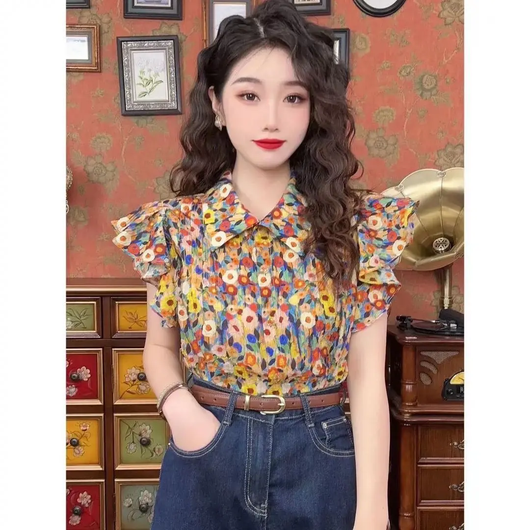 Summer Vintage Sleeveless Shirts Ladies Korean Tops Fashion Printing Women\'s Clothing Temperament Floral Women\'s Clothing 2024