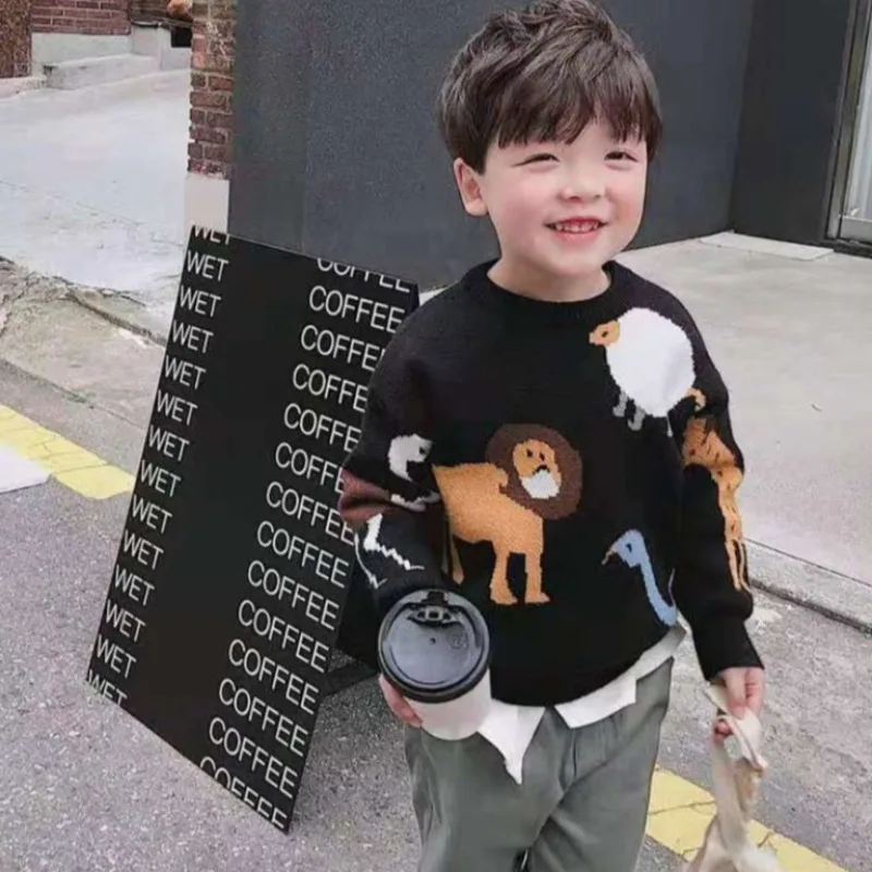 

2025 New Boys Autumn Winter Fleece-Lined Thickened Cartoon Pullover Sweater Korean Style Knitwear Base Layer