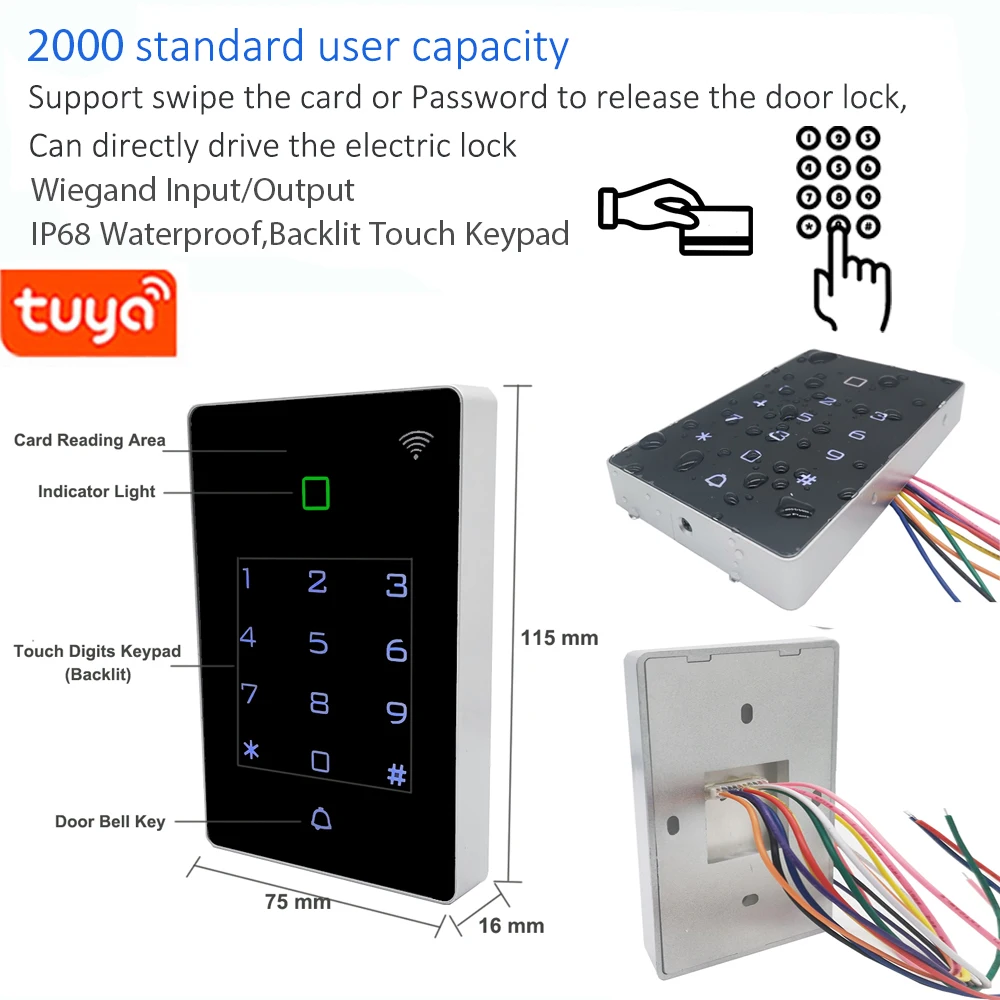 

Waterproof WiFi Tuya Backlit Touch 125khz RFID 13.56mhz IC Card Out Door Lock Access Control System Keypad WG26 Input Output