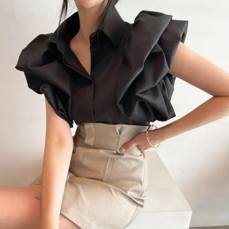 

2025 Y2K Women Chiffon Black Shirts Summer Fashion Elegant Puff Sleeve Tops Korean All Match Female Casual Blouse New Blusas