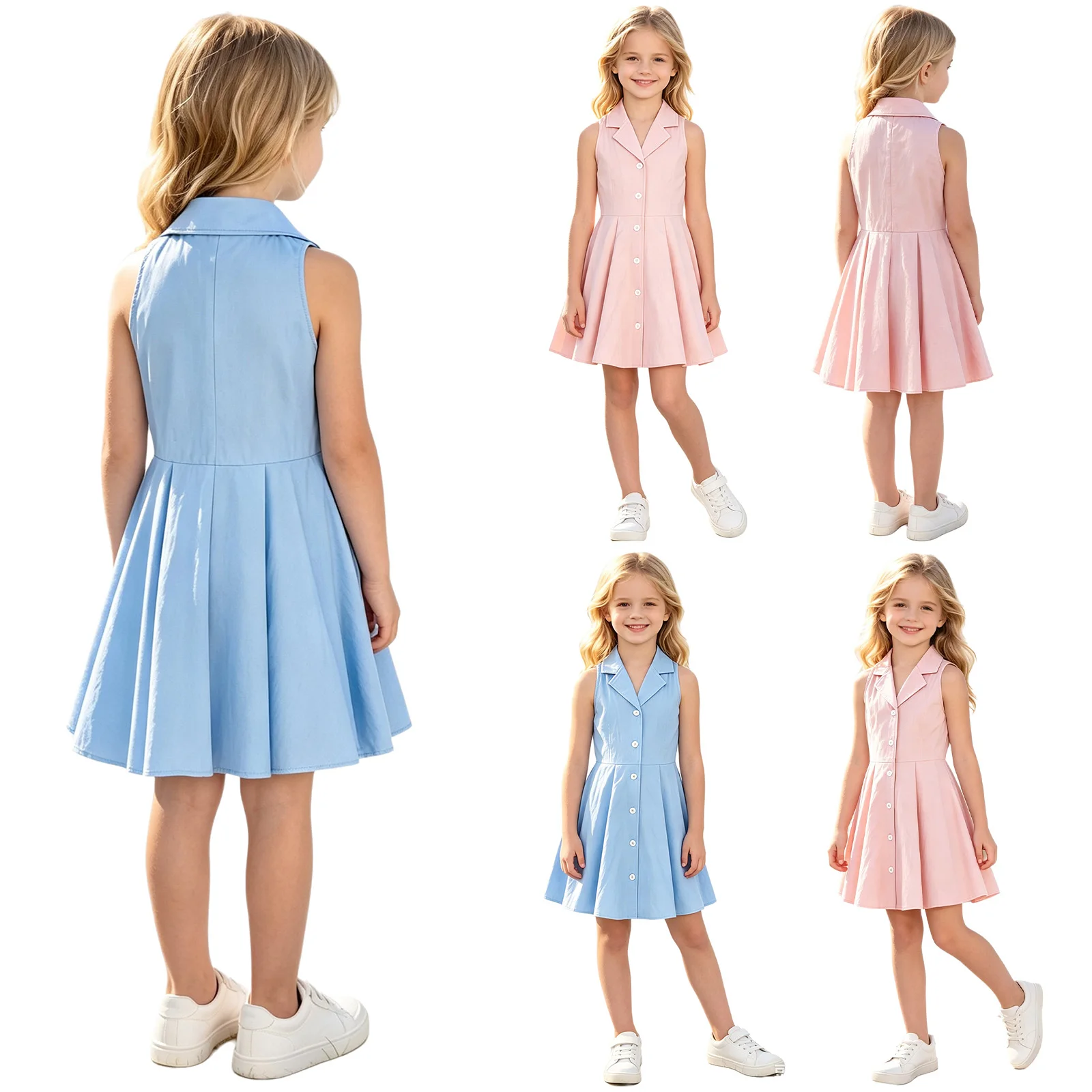Kids Girls 70s Vintage Dresses Lapel Collar Sleeveless Front Button Pleated Dress for Casual Daily Life Theme Party Photo Shoot