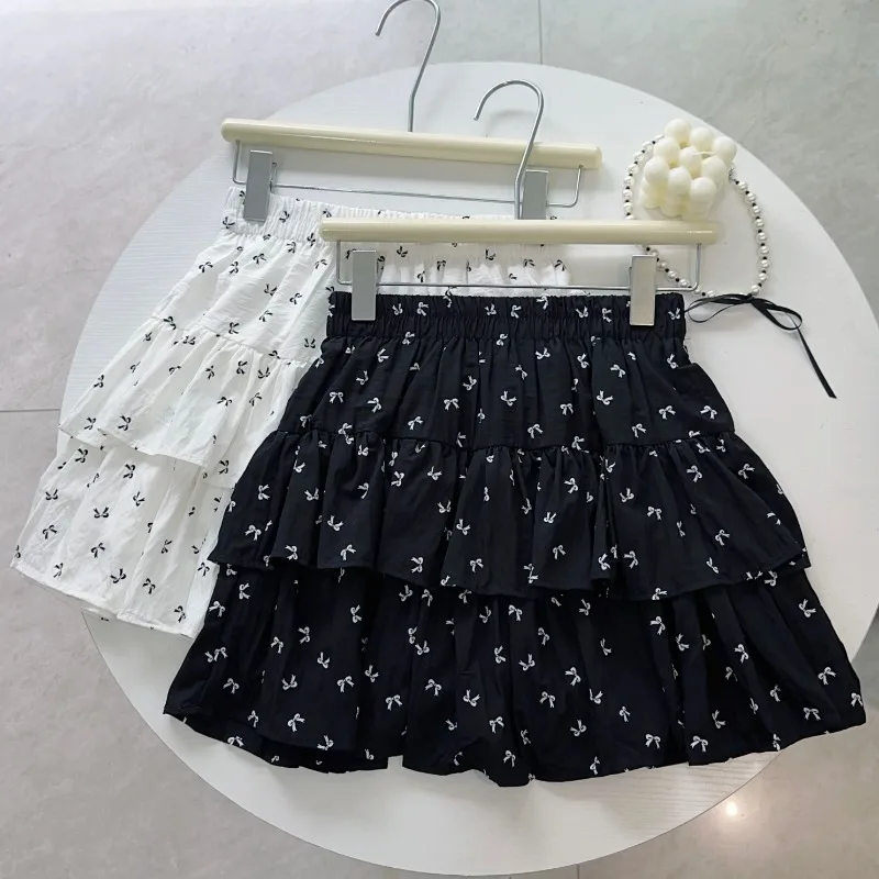 Summer New Kawaii Bow Printed Miniskirt Korean Fashion A-type Hottie Ballerina Skirts Women's Y2K Slim-fit Pompadour Skirt