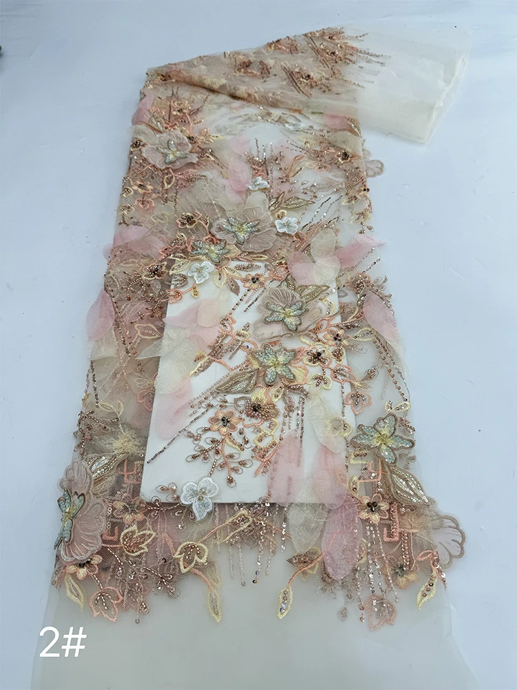 Heavy Industry Oil Painting Blending Three-dimensional Flower Pearl Tube Bead Embroidery Mesh Fabric Suitable For WeddingD156
