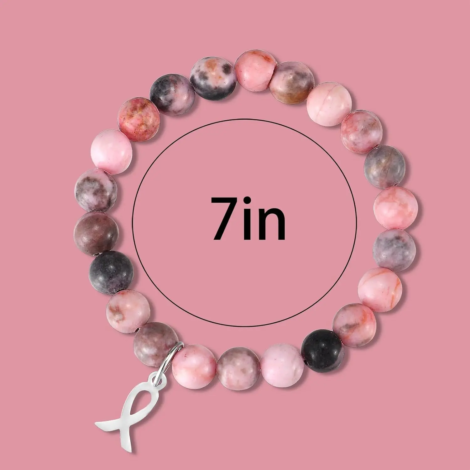 سوار للتوعية بسرطان الثدي للنساء - خرز من الحجر الطبيعي وشريط وردي ساحر هدايا ملهمة للناجين والمؤيدين