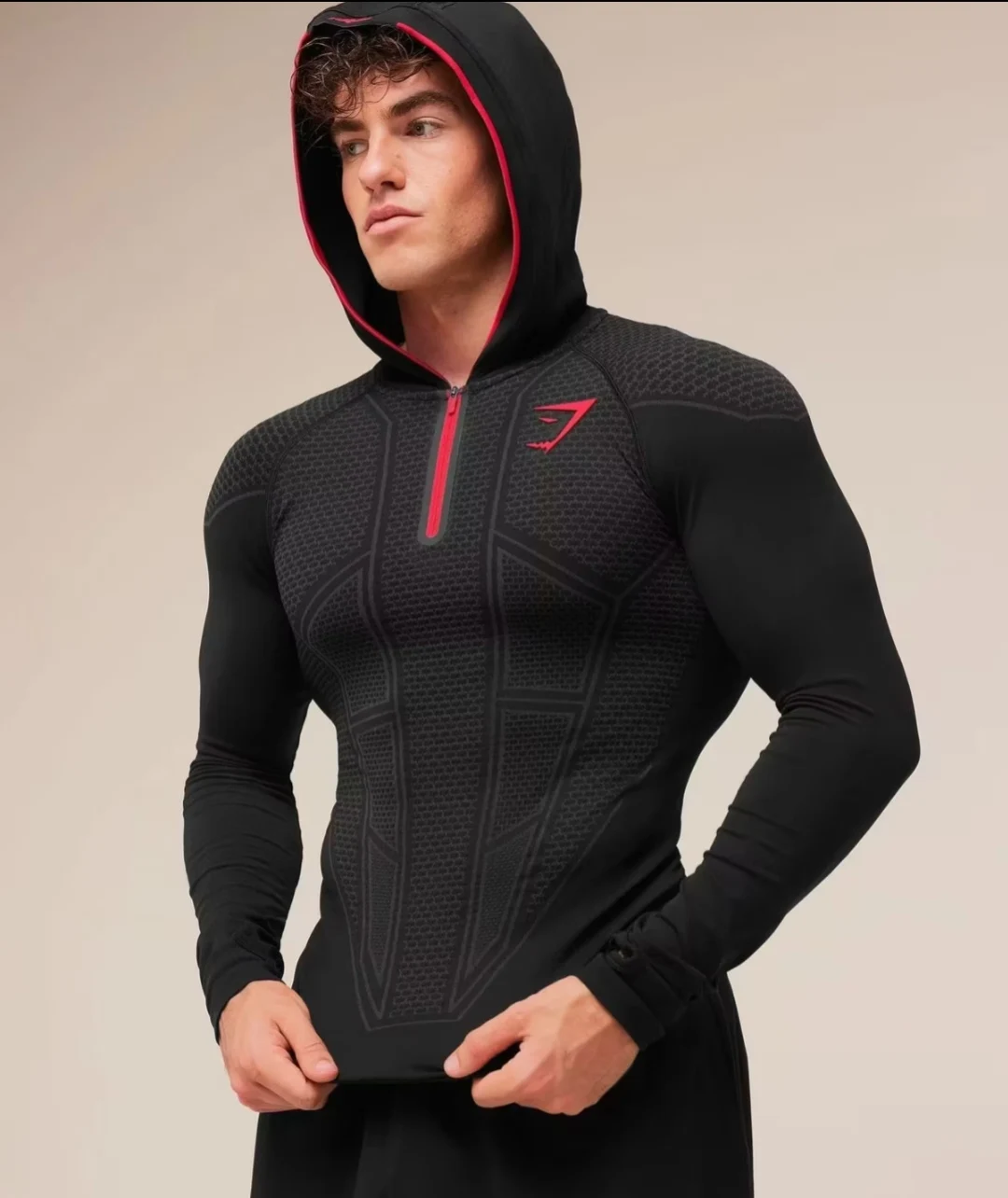 GYM SHARK Men's Fitness Compression Hooded Long Sleeve, Slim Fit, ONYXV1 Fitness Hooded Long Sleeve, Suitable for Outdoor Fitnes