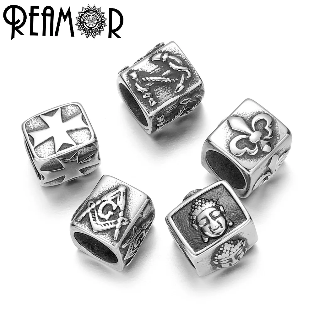 REAMOR 5pcs Stainless steel Iris Flowers Cross Cylinder Big Hole Charms Beads for Jewelry Making Men Bracelet DIY Accessories