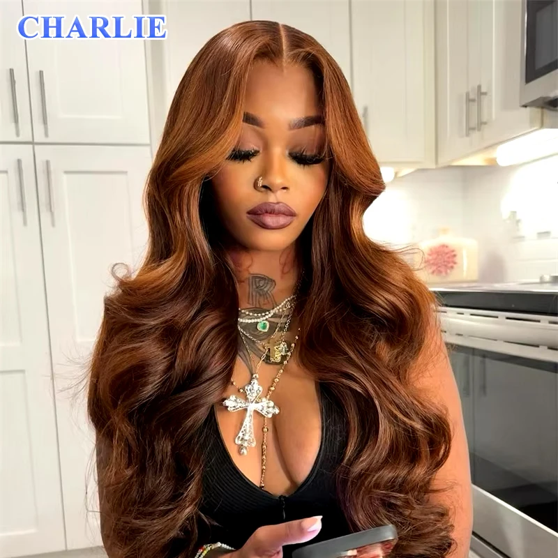 

Ginger Brown Colored Body Wave Synthetic Hair 13x4 Transparent Lace Wigs Remy Lace Frontal Wig Preplucked Lace Wig For Party Use