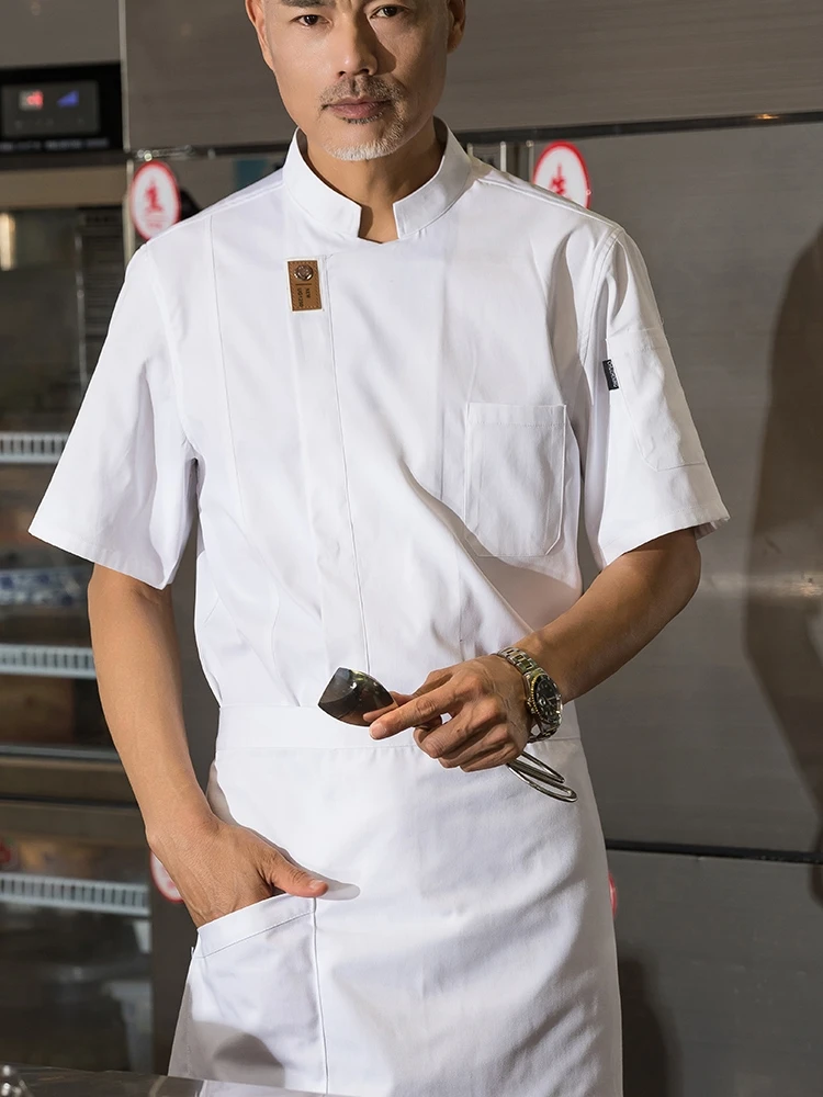 Chef de manga curta masculino, uniforme de cozinha, roupa de cozinheiro, roupa de trabalho, uniforme alimentar, cozinha e padaria, restaurante e hotel de verão