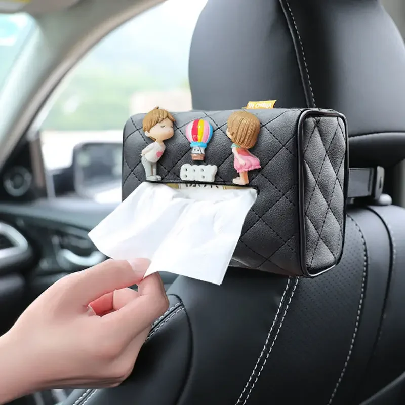 Disney Anime Figure Strawberry Bear Car Visor PU Tissue Box Ornaments Cartoon Mickey Minnie Auto Chair Back Hanging Accessories