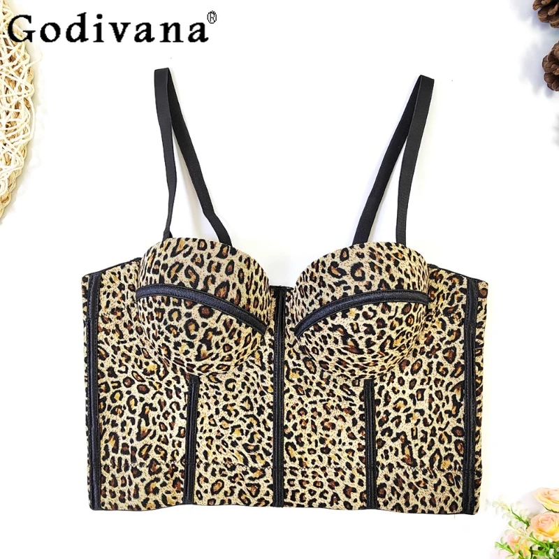 

Summer New Europe and America Sexy Leopard Print Short Fashion Top French Gauze Floral Fishbone Slim Street Versatile Sling Vest