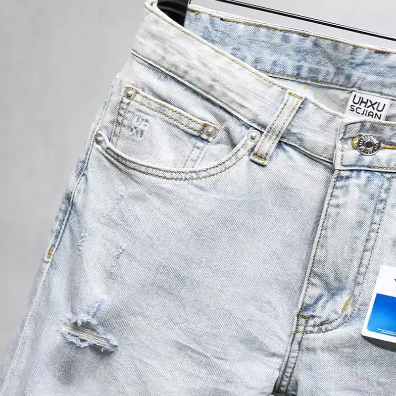 Fashion Vintage Men Jeans Retro Light Blue Stretch Slim Fit Ripped Jeans Hole Patched Designer Streetwear Casual Denim Pants Men