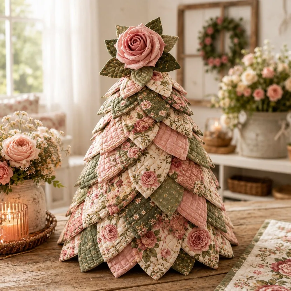 Vintage DIY Quilted Christmas Tree Kit Sunflower Layered 3D Tabletop Christmas Sewing Kit Handcraft Beginner‑Friendly