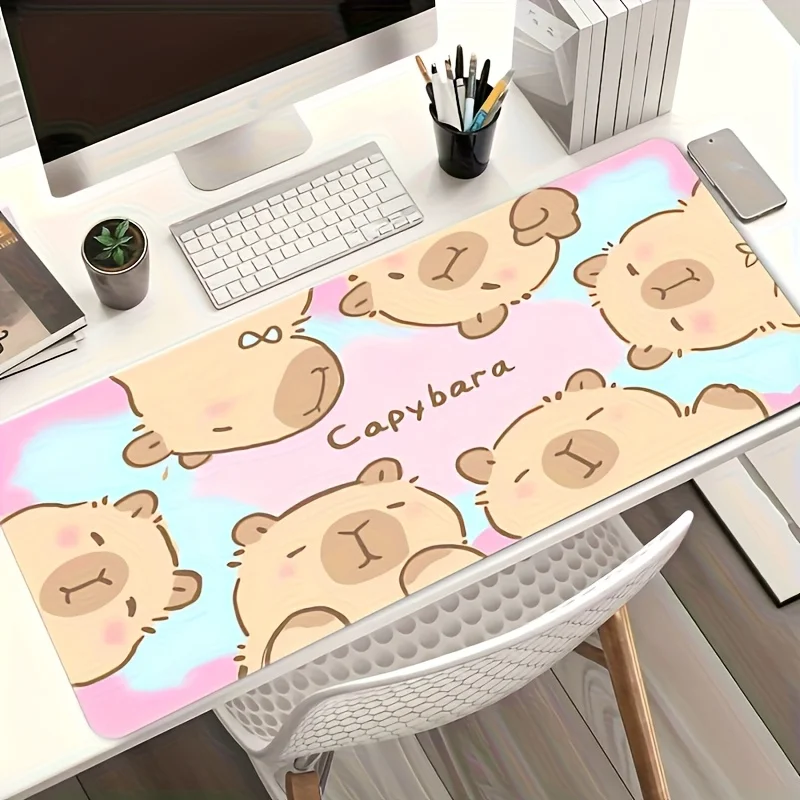 XXL Extra Large Cute Capybara Gaming Mouse Pad & Desk Mat - Light Pink Cartoon Capybara Design, Non-Slip Rubber Base, Smooth Surface for Keyboard and Mouse