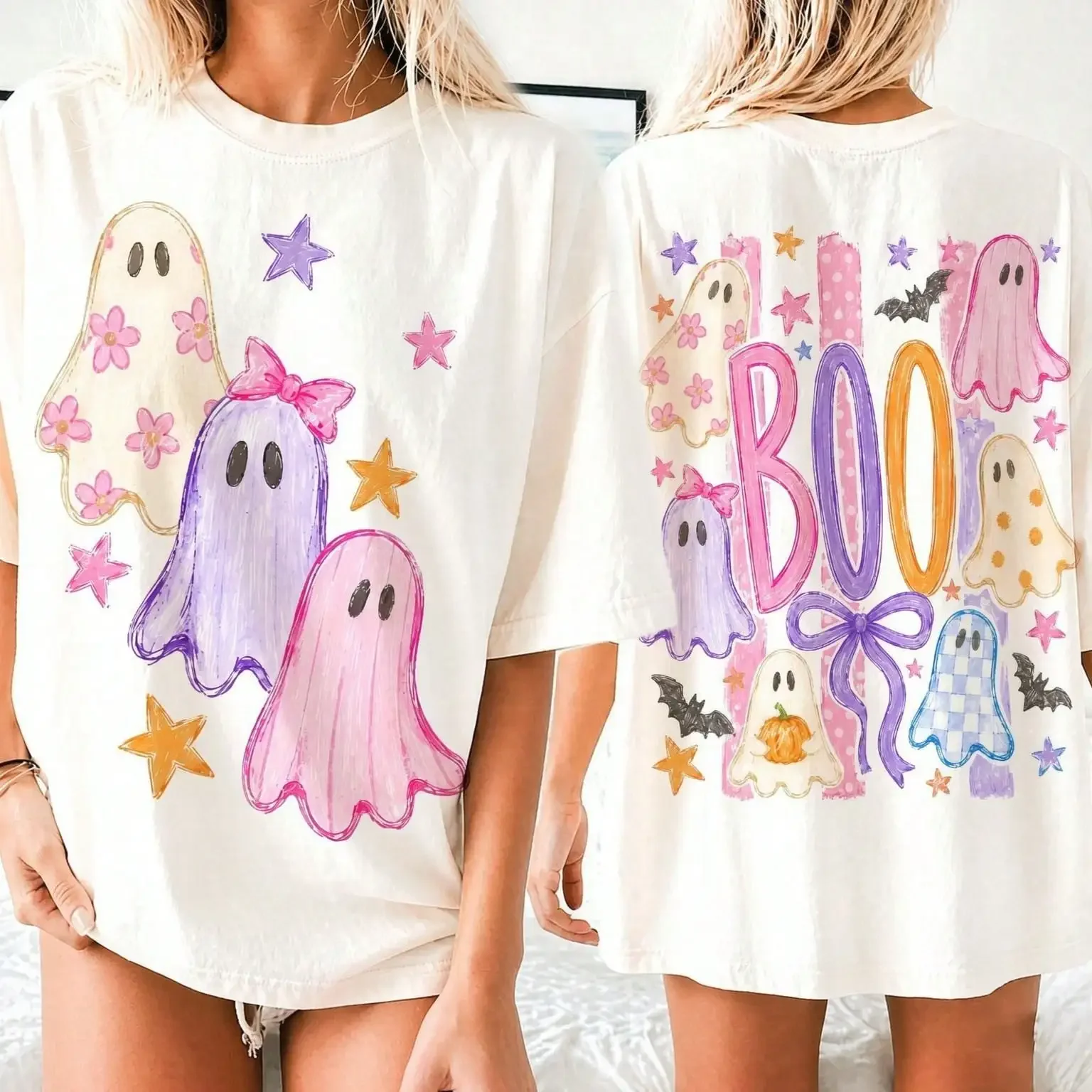 Ghost Stripes Preppy-Style Halloween Print Women's Crew Neck T-Shirt – Halloween & Autumn Apparel For Men Women