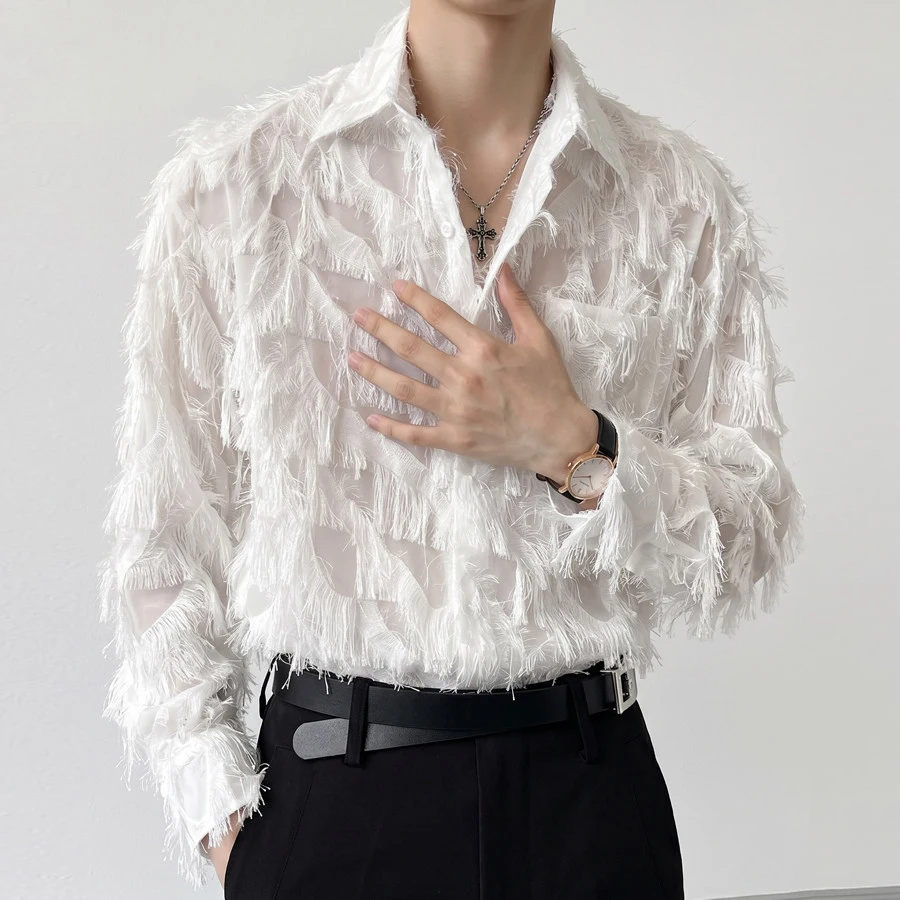 Elegant Dance Stage Performance Costumes Sexy Tassel See Through Long Sleeved Men Shirts Fashion Breathable Man Dress Shirt