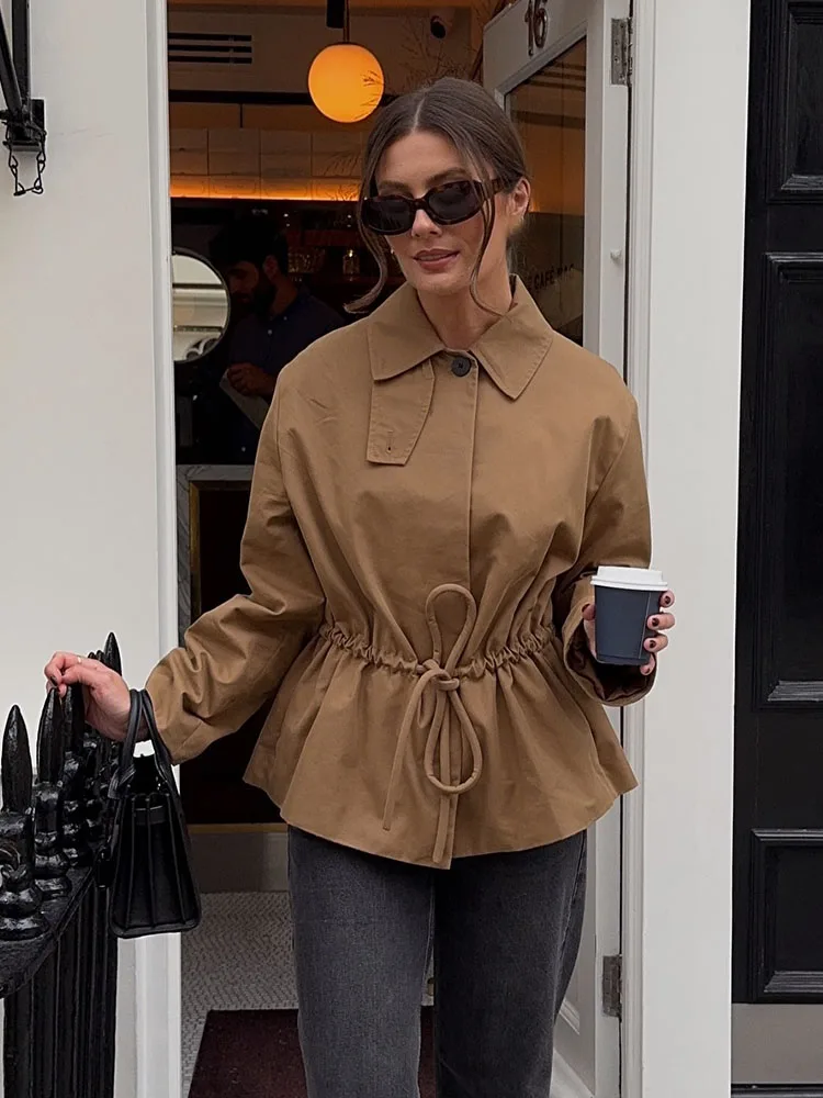 

HH женские осенние модные пальто однотонные с отложным воротником и длинными рукавами на шнуровке украшения однобортная женская повседневная куртка