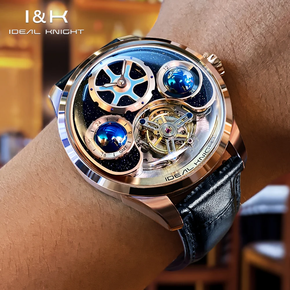 IDEAL KNIGHT 6805 Tourbillon Men Watch Original Skeleton Flywheel Automatic Mechanical Wristwatch Man Blue Earth
