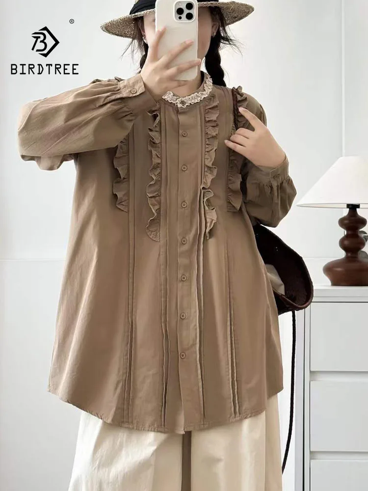 Novo 2025 inverno algodão camisa de manga longa, feminino stand babados retalhos, mori menina design francês doce ins blusa solta t5n952cc