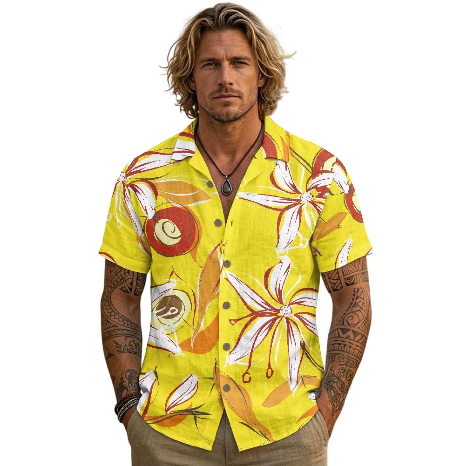 PENSTROLL Yellow Floral Linen Like Hawaiian T Shirts for Men Summer Beach Top for mens Single Breasted Mens Hawaiian Shirt