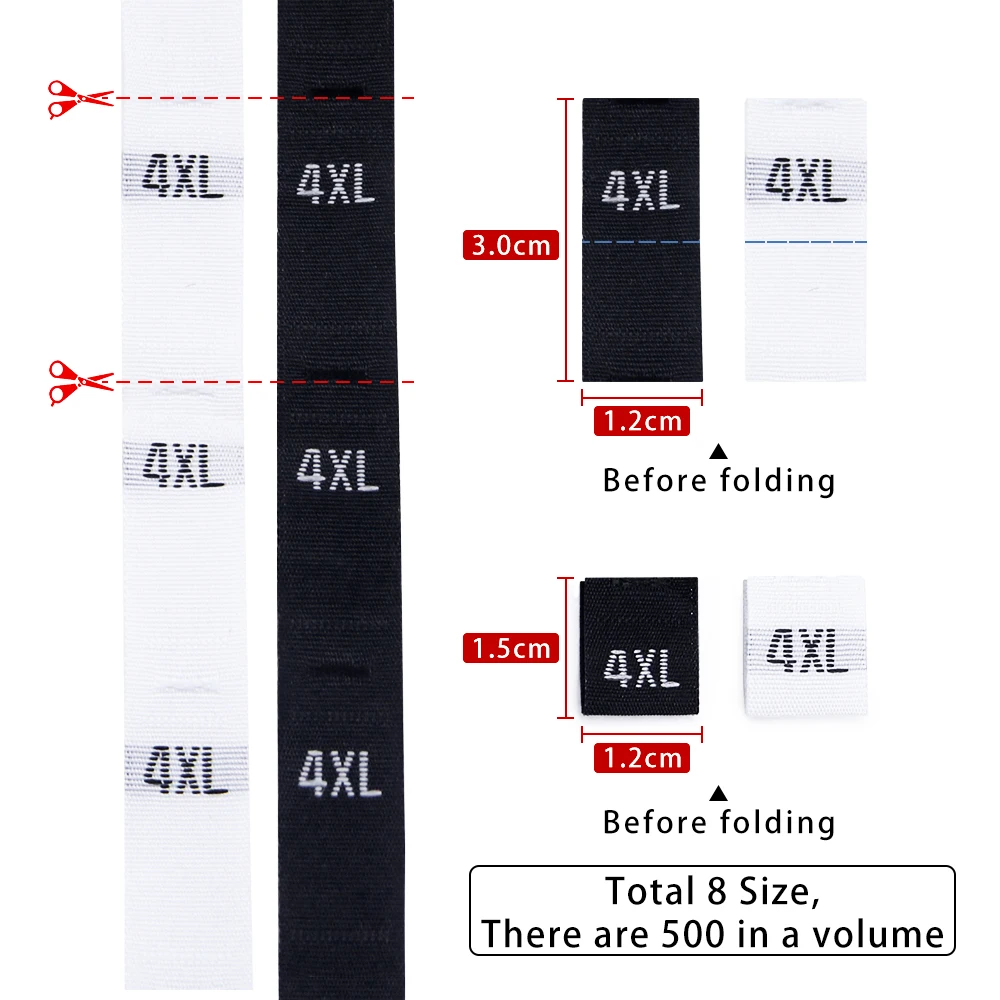 500pcs/roll White Black Clothing Size Labels XS/S/M/L/XL/XXL/3XL/4XL Clothes Labels For Garment Age Tags Height Woven Label DIY