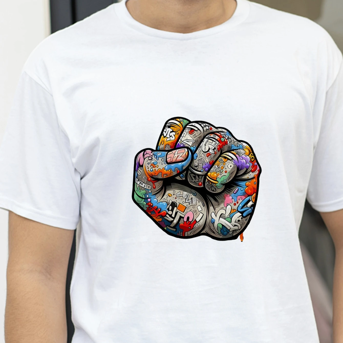 

Men's White T-Shirt with Colorful Fist Graffiti Print for Casual Streetwear Style DIY