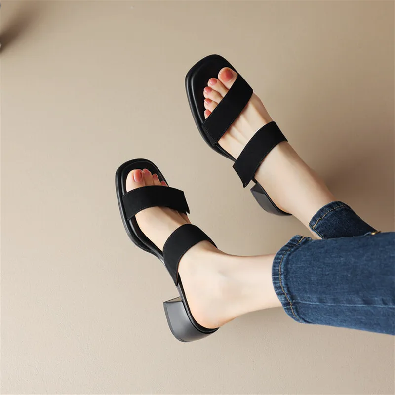 New Sheep Suede Summer Slippers Women 2023 Square Toe Chunky Heel Sandals Soft Open Toe Shoes for Women Handmade Slippers Women