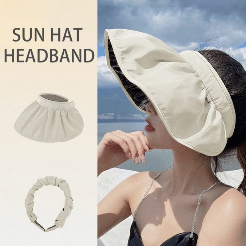 Summer Sun Hats Women Foldable Visor UV Protection Top Empty Solid Vacation Beach Sunscreen Baseball Cap Headband Sunscreen Cap